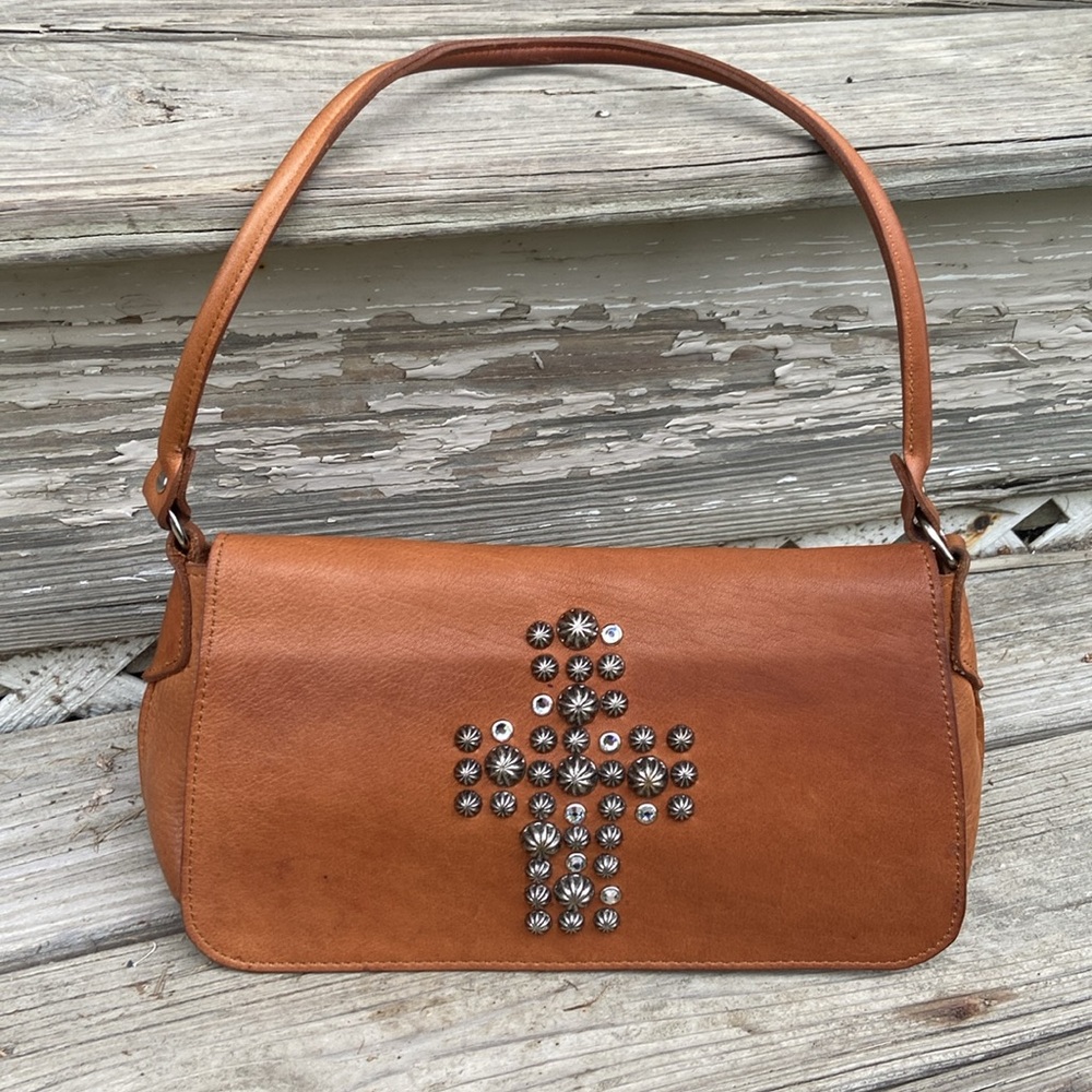 Two Bar West Tan Leather Front Flap Shoulder Bag Purse